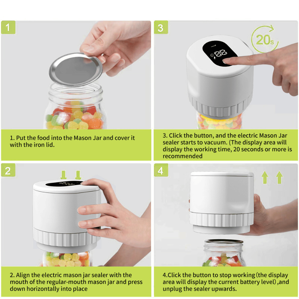 Step-by-step guide showing how to use the electric vacuum jar sealer for quick and easy sealing