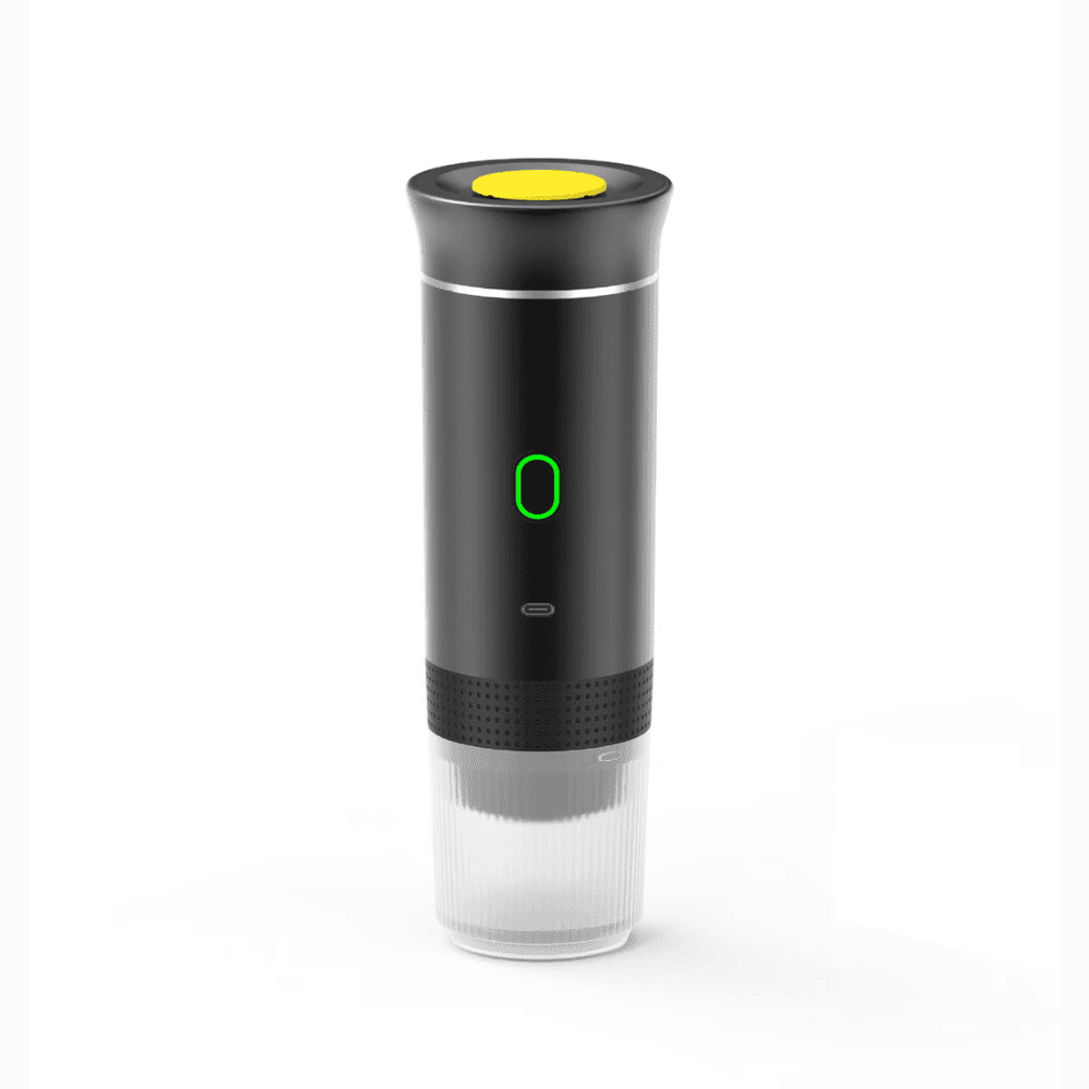 Black portable espresso machine with yellow button and compact design for on-the-go brewing