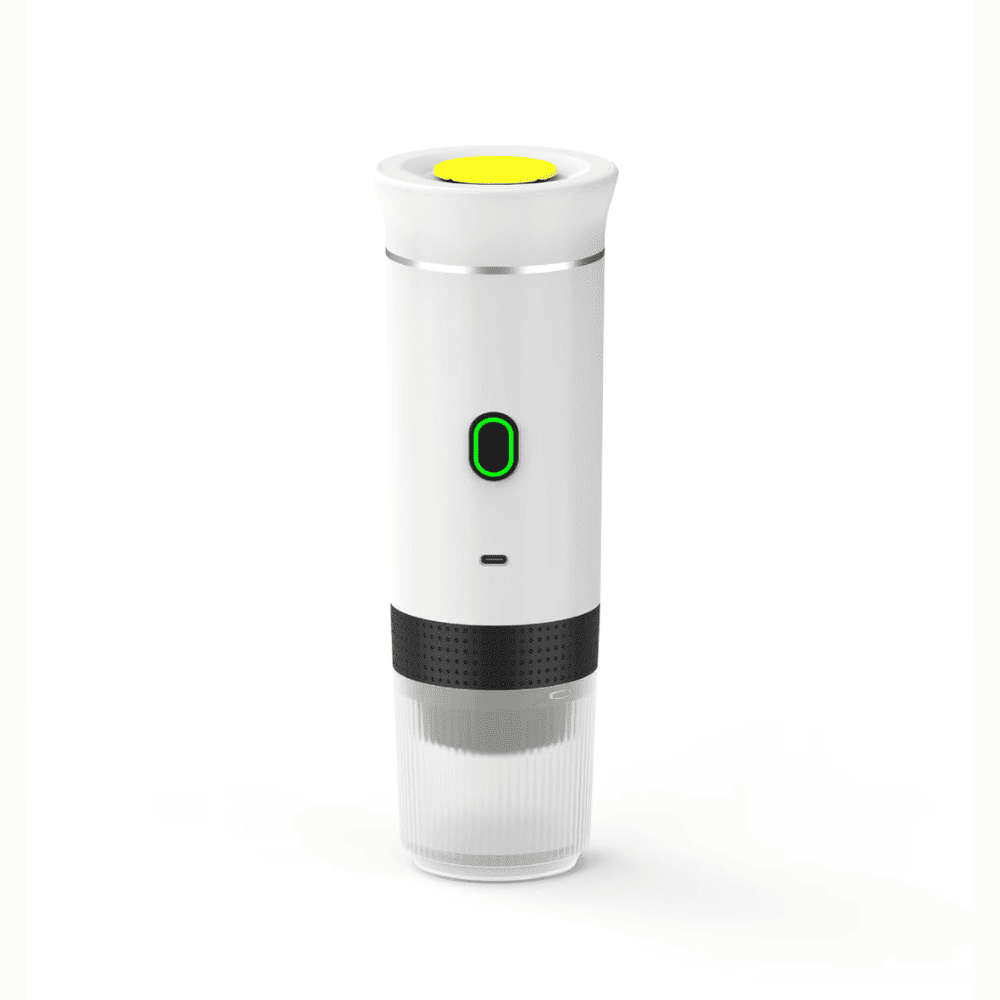 White portable espresso machine with black grip and LED button for sleek travel coffee brewing