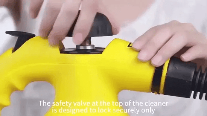 Woman locking safety cap on handheld steam cleaner for safe daily use
