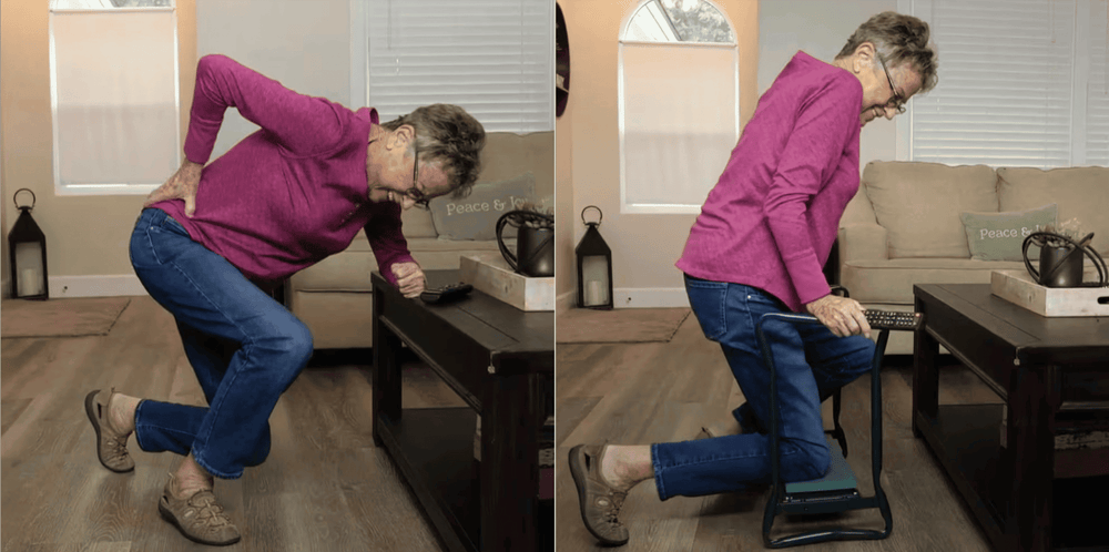 Before and after comparison of senior using Folding Garden Kneeler Bench to reduce knee and back strain indoors