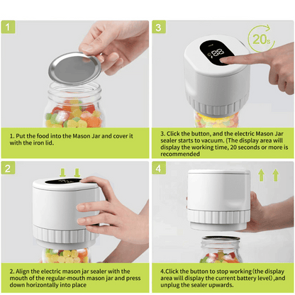 Step-by-step guide showing how to use the electric vacuum jar sealer for quick and easy sealing