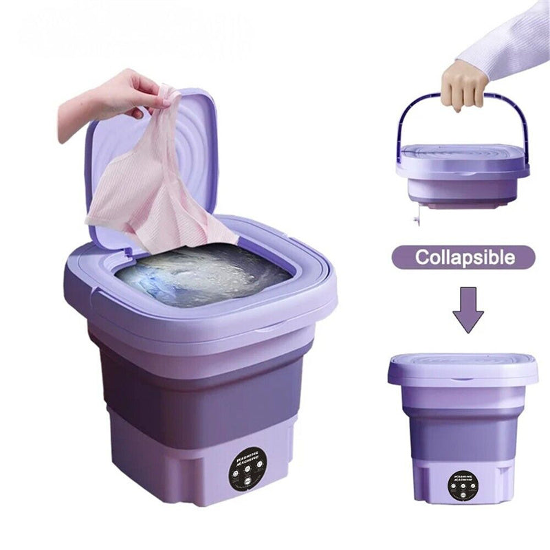 Washing a garment in the foldable washer, showcasing collapsible design with space-saving utility