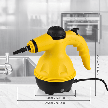 Steam cleaner on kitchen counter with size dimensions labeled for compact storage and portability.
