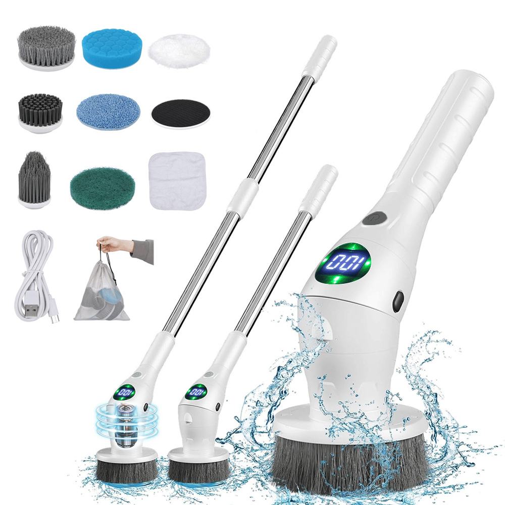 Waterproof 8 in 1 Cleaning Brush shown with 8 brush heads, telescopic handle, and USB charging cable.