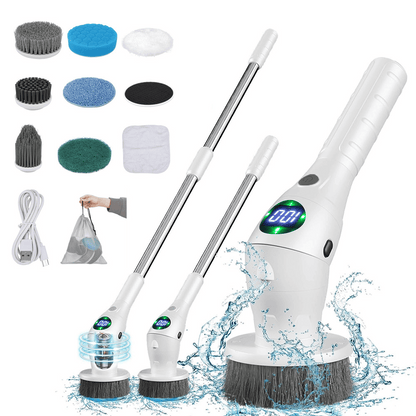 Waterproof 8 in 1 Cleaning Brush shown with 8 brush heads, telescopic handle, and USB charging cable.