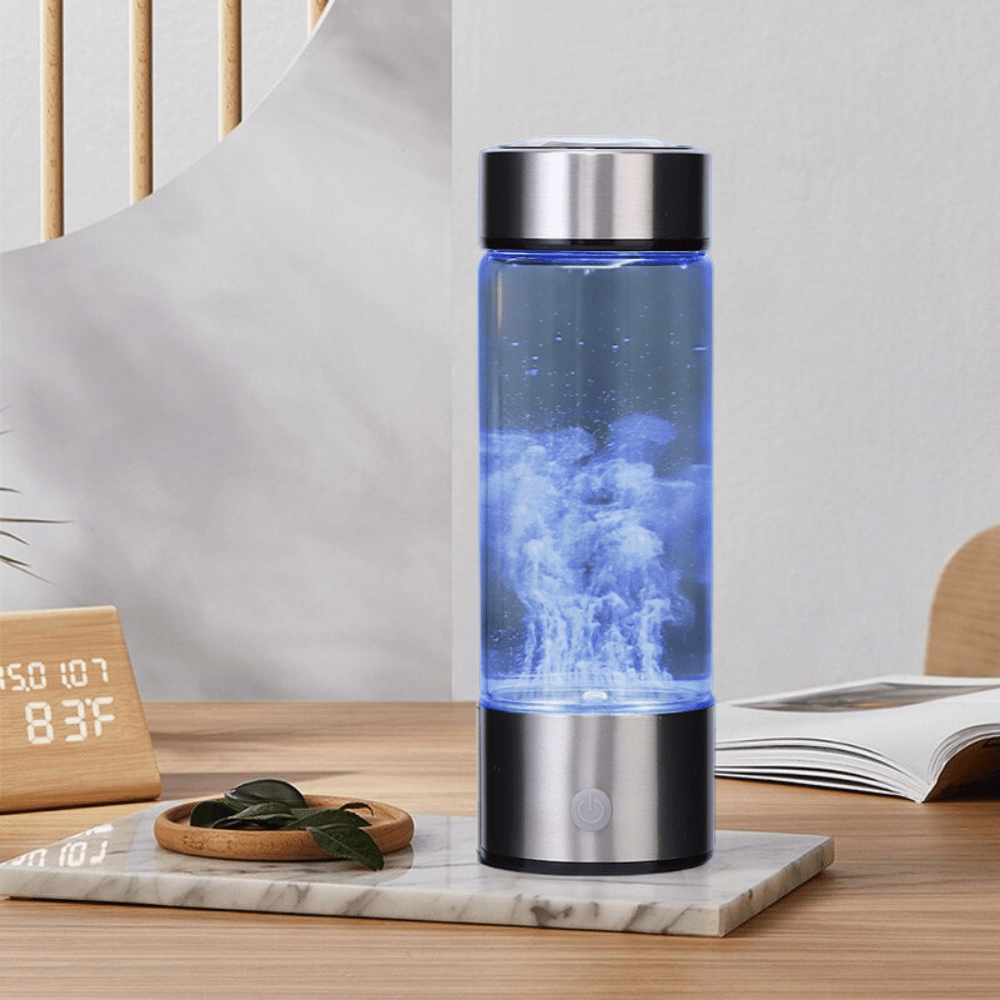 Hydrogen water bottle glowing blue on a table, ideal for wellness routines and clean hydration.
