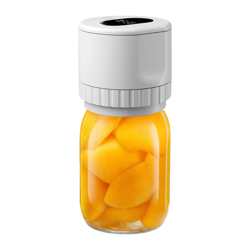 Vacuum sealer on glass jar with peaches, keeping fruits fresh and sealed without manual effort