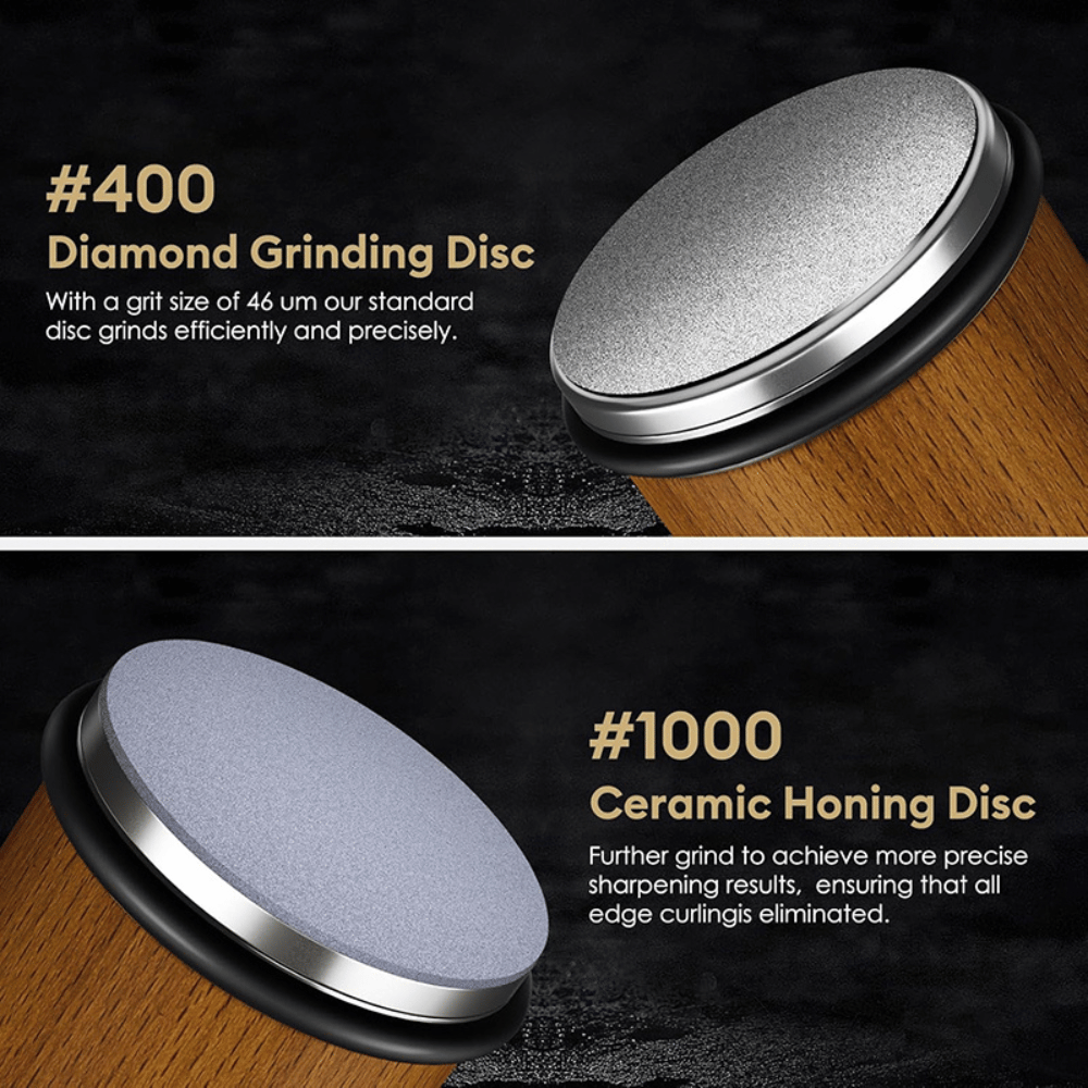 Close-up of diamond and ceramic sharpening discs for dual-stage sharpening