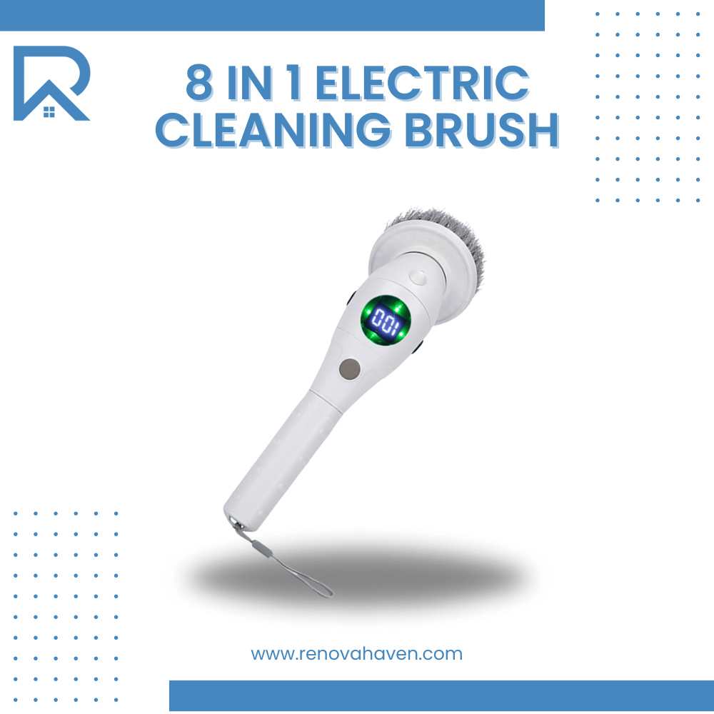 8 in 1 Electric Cleaning Brush with LED display, ergonomic handle, and interchangeable brush heads for versatile cleaning.