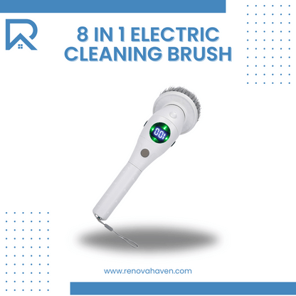 8 in 1 Electric Cleaning Brush with LED display, ergonomic handle, and interchangeable brush heads for versatile cleaning.