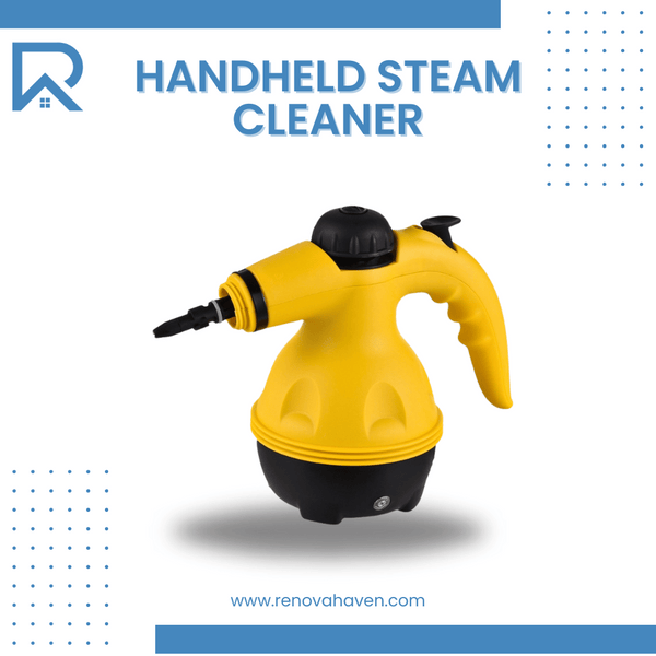 Yellow handheld steam cleaner product display with ergonomic handle and compact body for multi-surface deep cleaning.