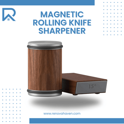 Magnetic rolling knife sharpener with wood finish for precise blade edge maintenance