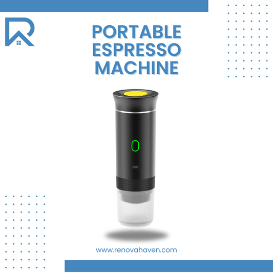 Portable espresso machine with LED button and transparent bottom chamber on white background