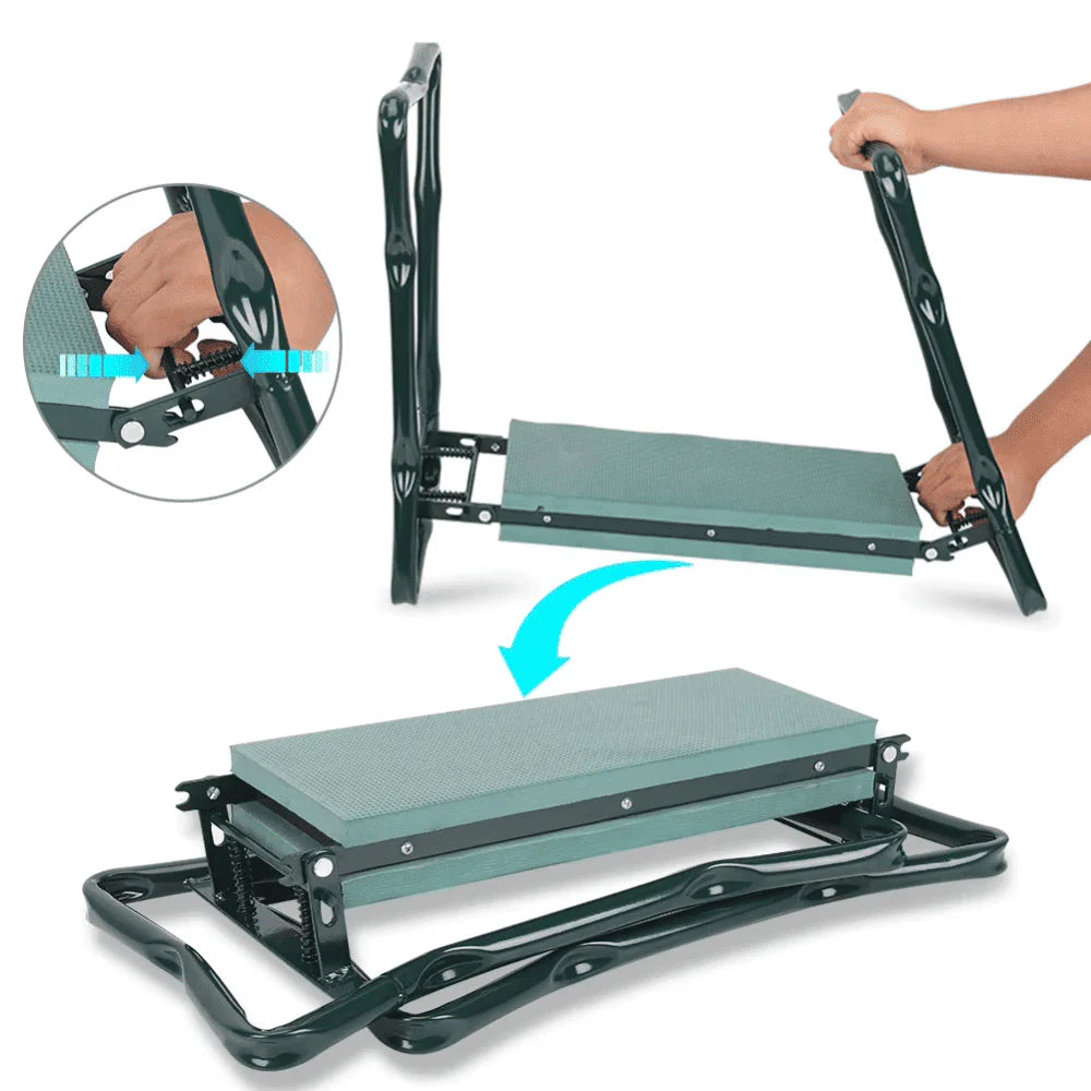 Folding Garden Kneeler Bench being collapsed flat to demonstrate portability and lightweight steel frame design