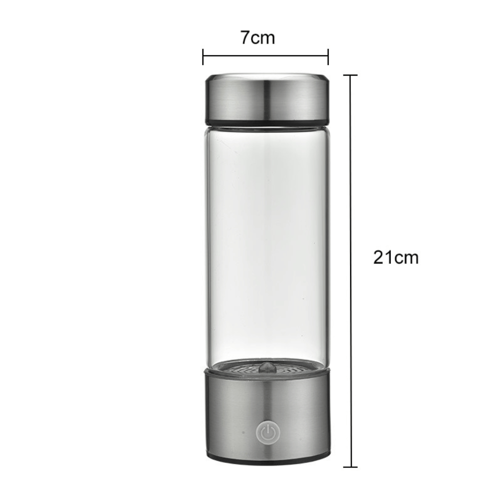 Product dimensions for Portable Hydrogen Water Generator—21cm height and 7cm diameter glass body.
