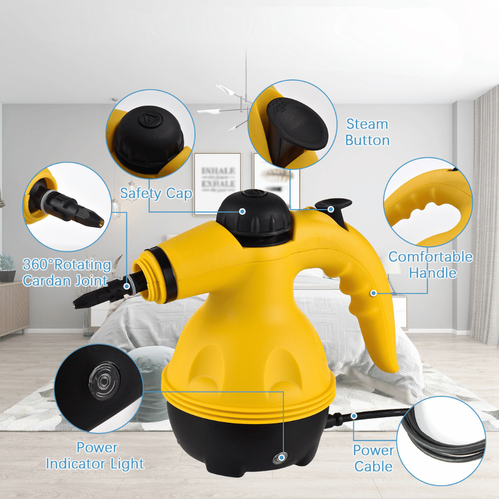 Exploded view of the handheld steam cleaner with detachable nozzles, showing included accessories and component detail.