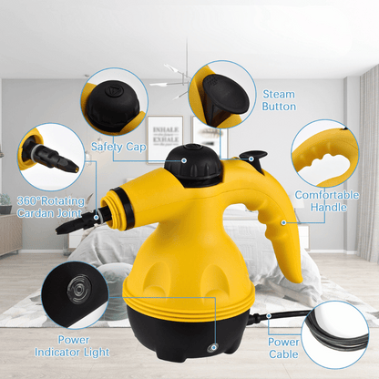 Exploded view of the handheld steam cleaner with detachable nozzles, showing included accessories and component detail.