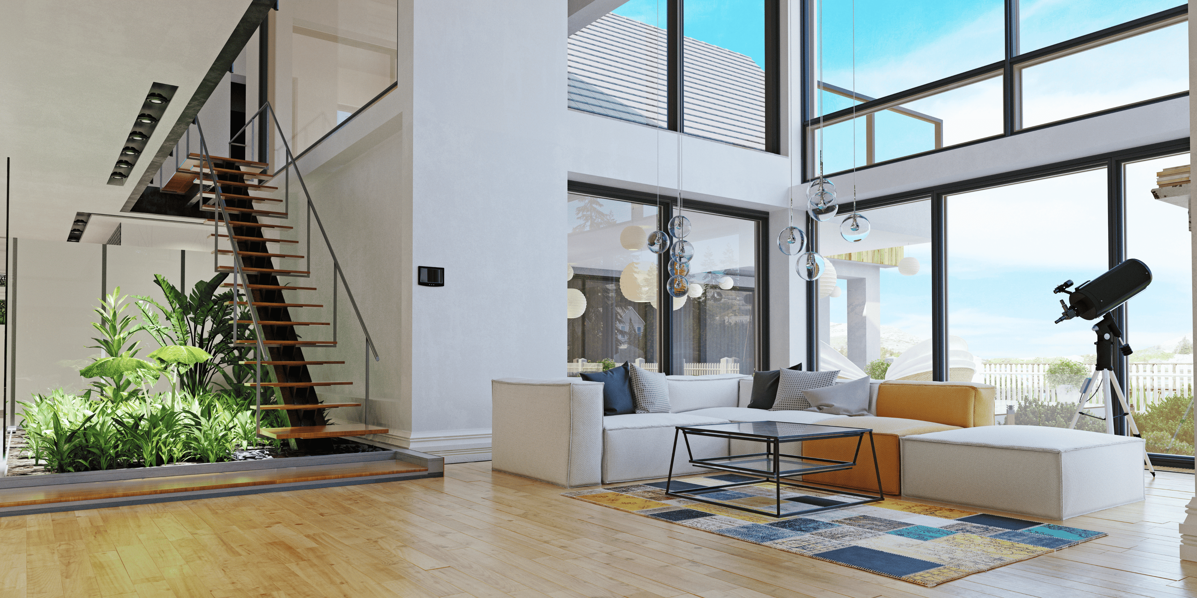 Modern living room and open kitchen featured in RenovaHaven’s “About Us” banner, showcasing stylish smart home design.