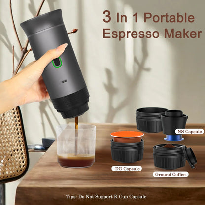 3-in-1 portable espresso machine brewing coffee using pods and ground coffee options