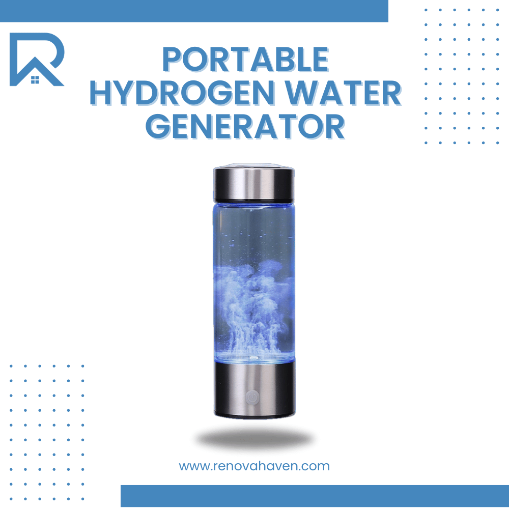 Portable Hydrogen Water Generator bottle with stainless steel base and blue ionization effect.