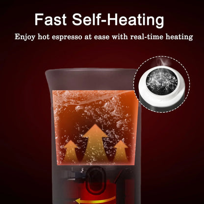 Fast self-heating espresso machine showing real-time internal brewing and heat process