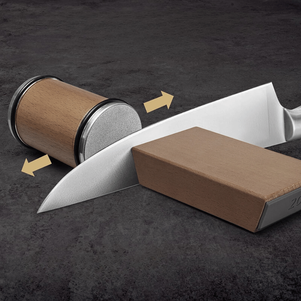 Rolling sharpener demonstrating smooth glide motion for knife sharpening