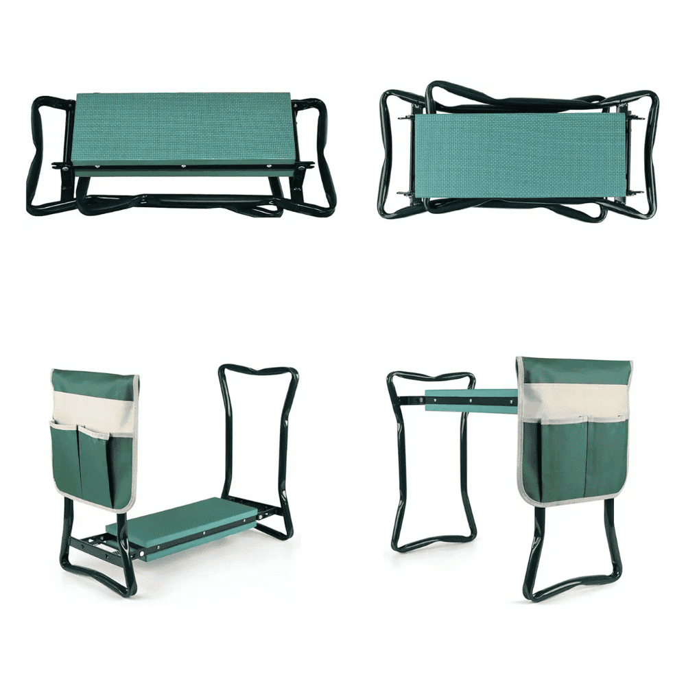 Multi-angle view of Folding Garden Kneeler Bench showing foldable design and dual functionality as seat and kneeler