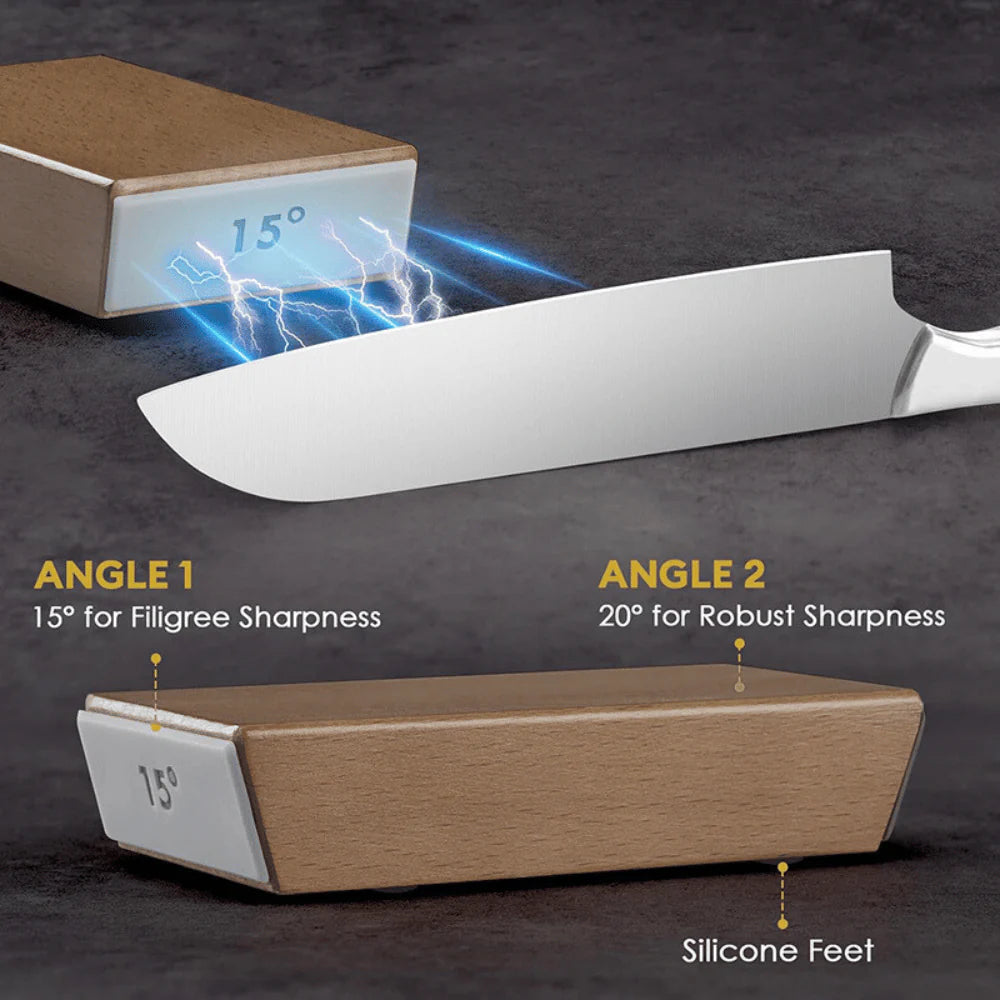 Double-angle knife sharpener system with magnetic base and silicone feet