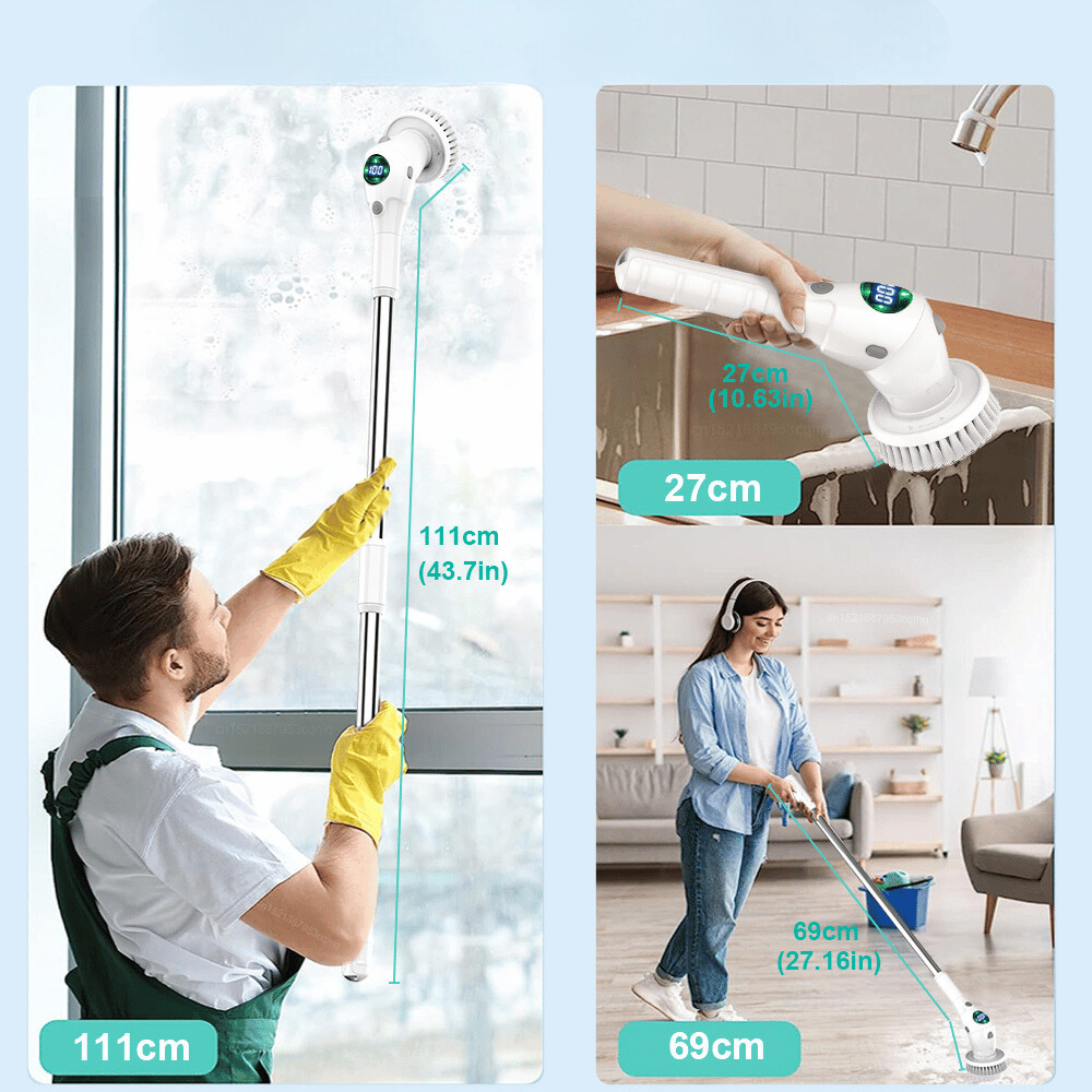 Corner, small pad, and large pad brush heads used in various bathroom and kitchen cleaning tasks.
