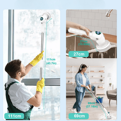 Corner, small pad, and large pad brush heads used in various bathroom and kitchen cleaning tasks.