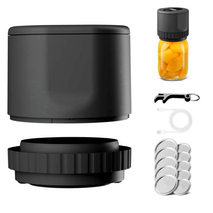 Black vacuum jar sealer set with accessories and jars, ideal for kitchen storage and meal prepping