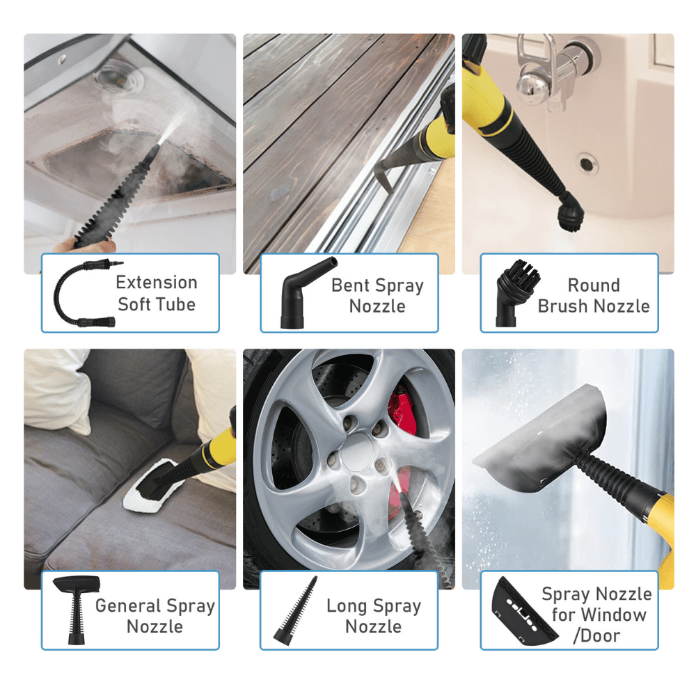 Visual guide to multiple steam cleaner attachments for tiles, fabric, glass, and crevices—boosting all-in-one cleaning.