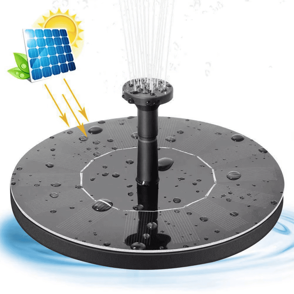 Solar-powered fountain operating under sunlight showing water spray and eco-friendly usage in pond or birdbath