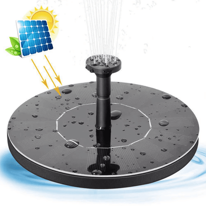 Solar-powered fountain operating under sunlight showing water spray and eco-friendly usage in pond or birdbath