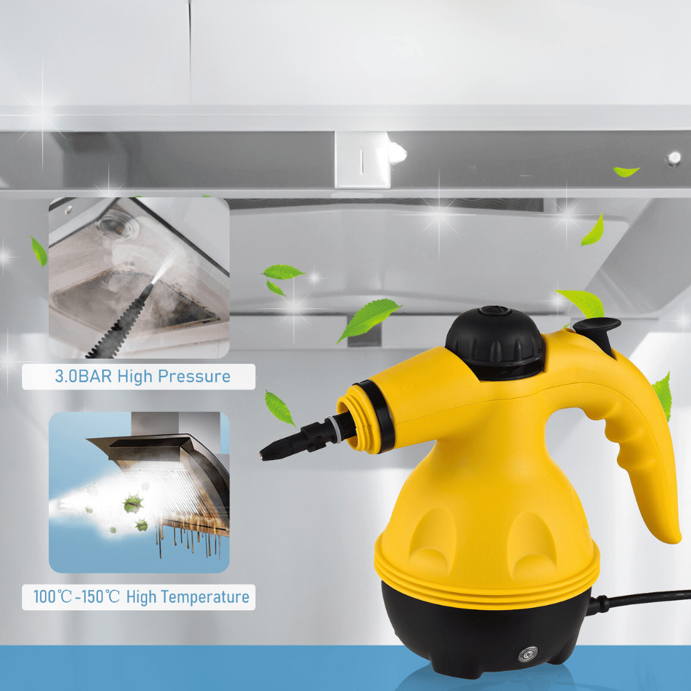 Handheld steam cleaner removing grease with 105°C high-pressure steam for powerful kitchen degreasing.