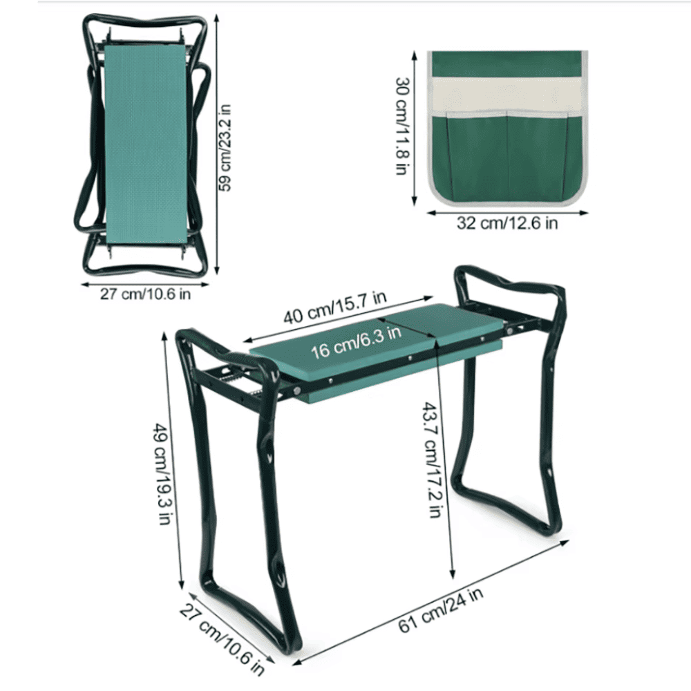 Dimensions of Folding Garden Kneeler Bench with detachable tool pouch and foldable structure for easy storage
