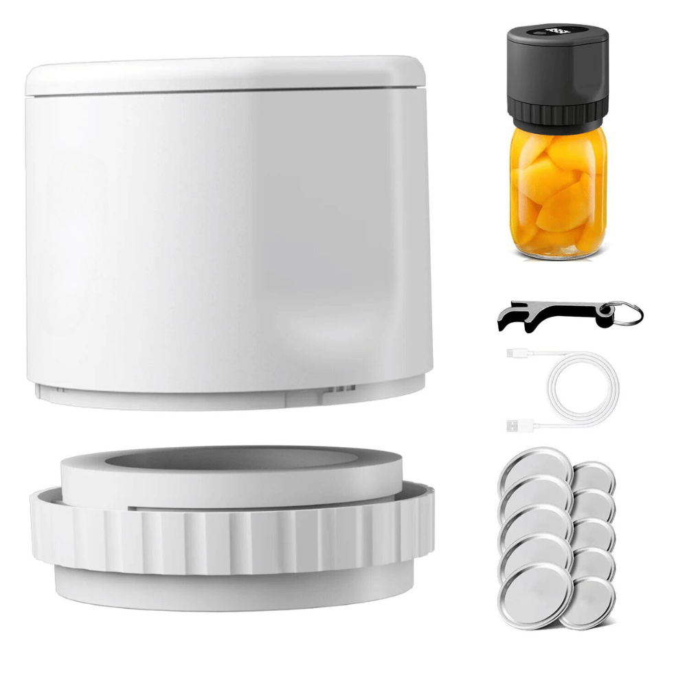 White electric vacuum jar sealer kit with sealing lids and USB cable for convenient food preservation