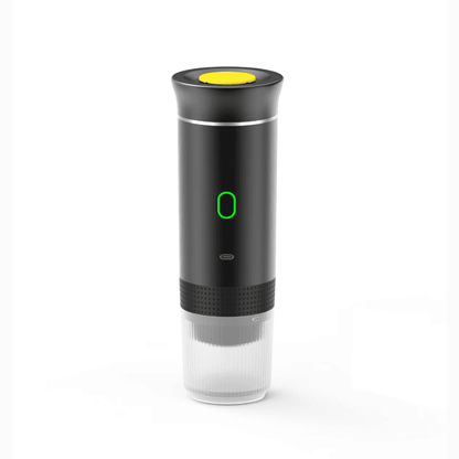 Black portable espresso machine with yellow button and compact design for on-the-go brewing