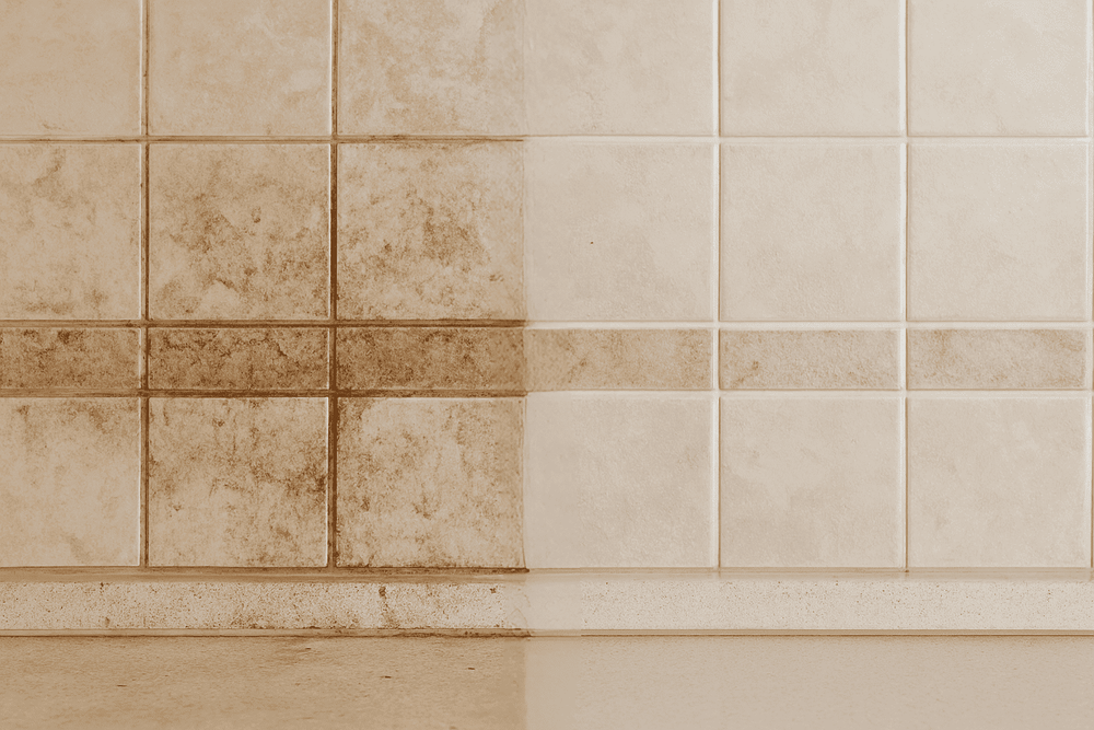 Before and after tile cleaning using high-temperature handheld steam cleaner