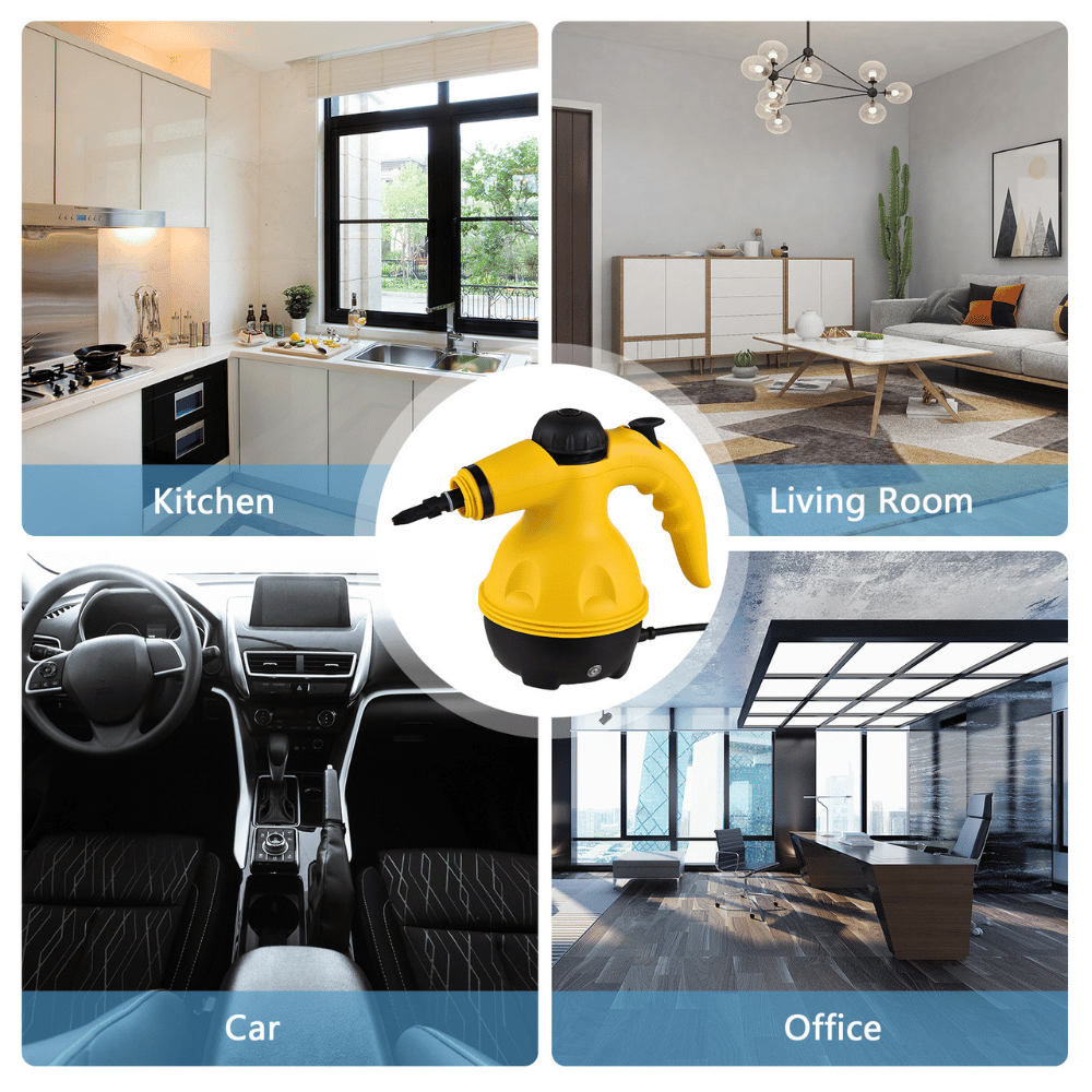 Steam cleaner in use across kitchen, living room, car, and office—showcasing multi-room sanitizing versatility.
