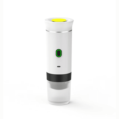 White portable espresso machine with black grip and LED button for sleek travel coffee brewing