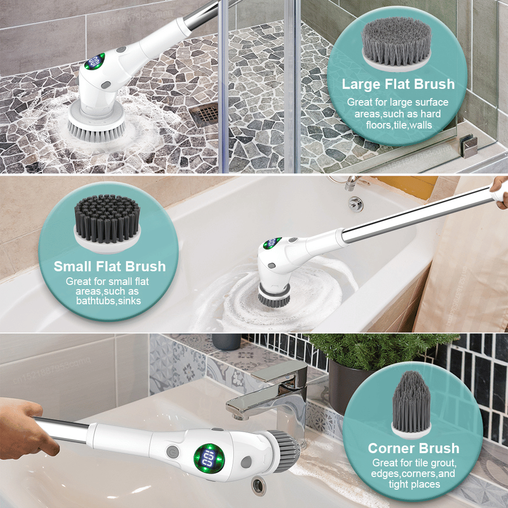 Brush types labeled: copy wool, sponge, scouring pad, mop brush for multi-surface cleaning.