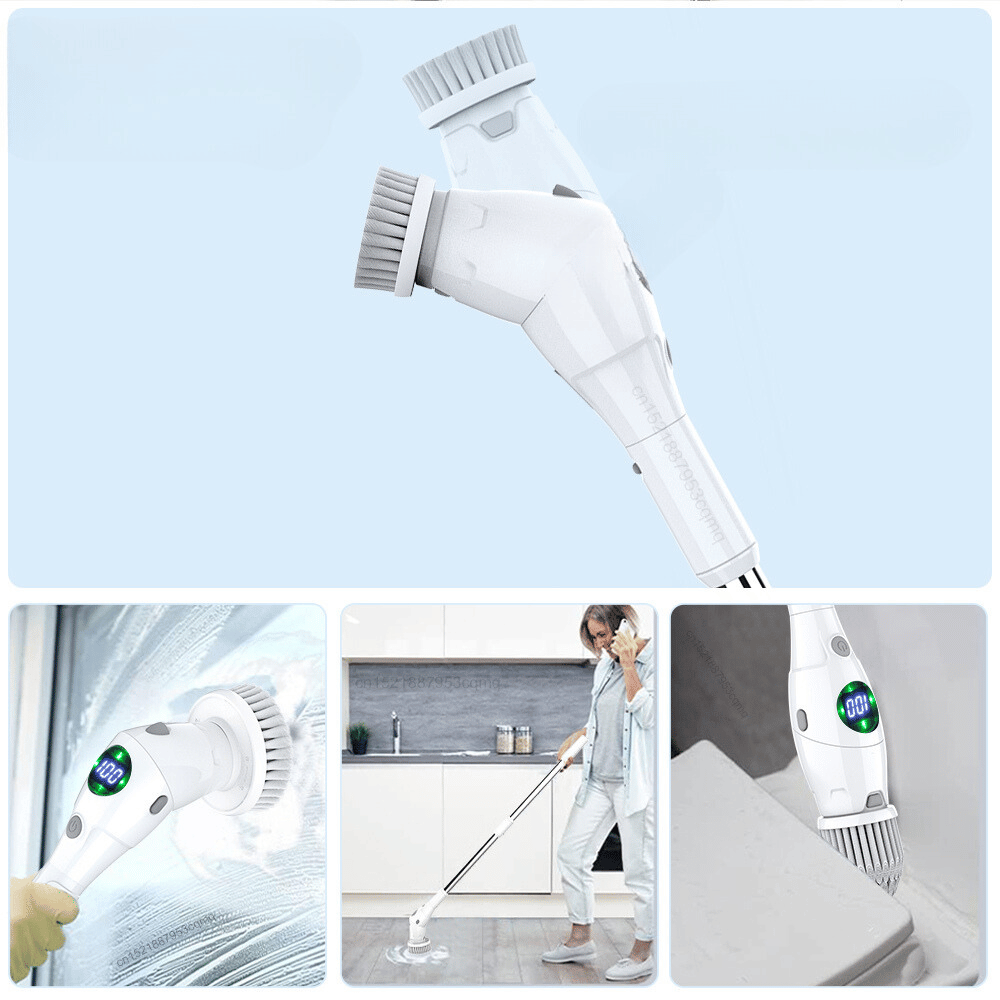 Close-up of 8 in 1 Electric Cleaning Brush scrubbing surfaces with adjustable angle and powerful rotation.