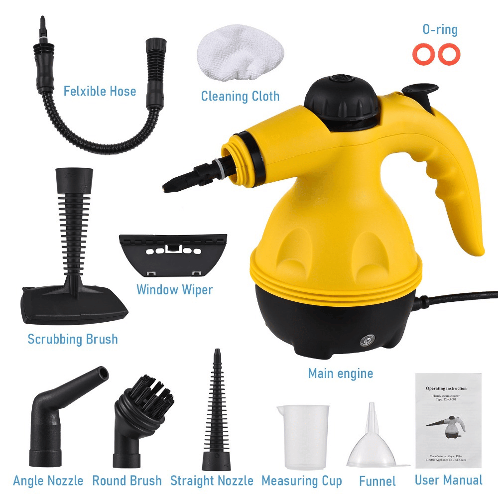 Complete handheld steam cleaner set including flexible hose, brushes, funnel, and nozzle tips for detailed cleaning.