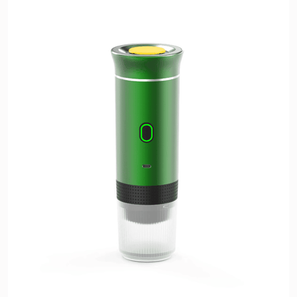 Green portable espresso machine with ergonomic grip and transparent brew chamber for espresso lovers