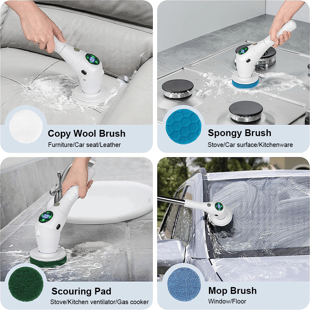 Different cleaning brush heads in action on tiles, bathtubs, sinks, and car interiors.