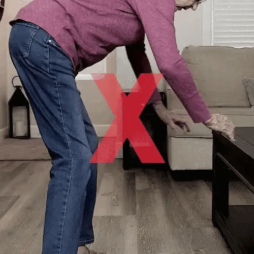 Elderly woman kneeling indoors with and without Folding Garden Kneeler Bench showing support and comfort difference