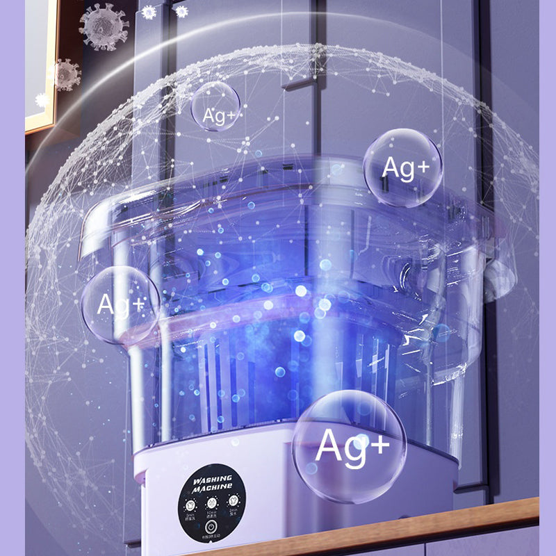 Foldable washing machine with Ag+ ion sterilization feature and 360° water circulation for deep cleaning